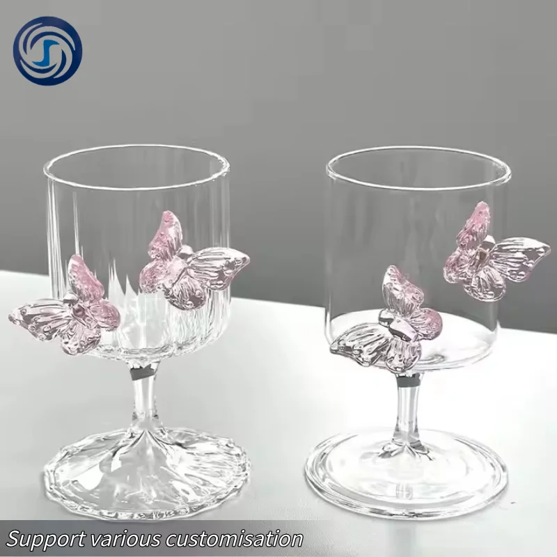 SNW Custom Logo 250ml Creative Cute Style Ribbed Clear pink 3D Butterfly champagne glass Wine Goblet glass Cup