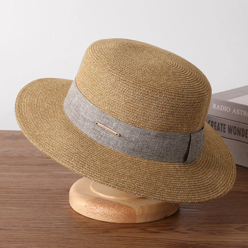 Custom High Quality Weave Fine Wide Brim Panama Fedora Straw Sun Hat Unisex Cowboy Flat Straw Hat Design Summer Women Church Hat