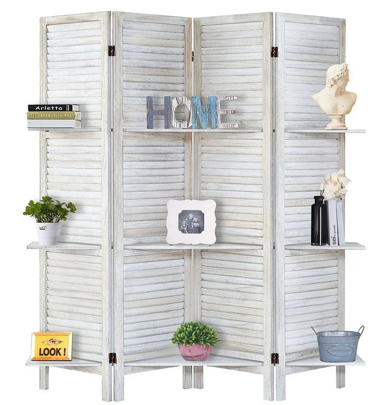 indoor wholesale rustic folding white wood screen with 4 panels