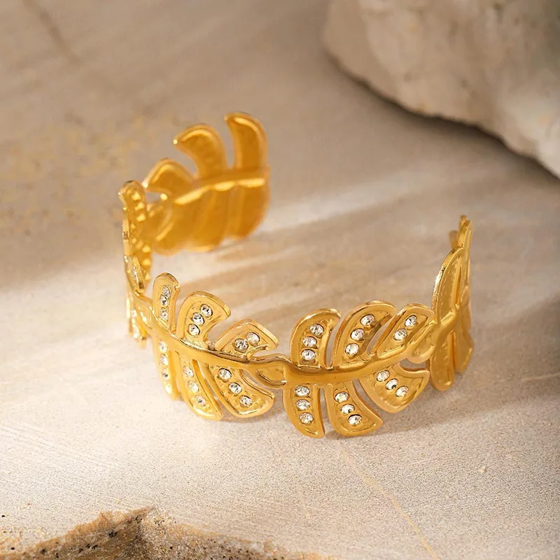 Новый винтажный широкий циркониевый браслет с большим листом женский четырехлистным клевером 18-каратным позолоченным покрытием из ржавчины