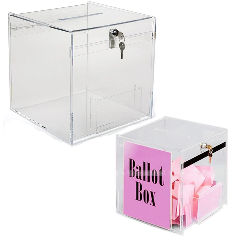 12 Inch Cube Ballot Box Clear Acrylic Lockable Donation Box with Front Pocket Cube with Memo Pad Holder