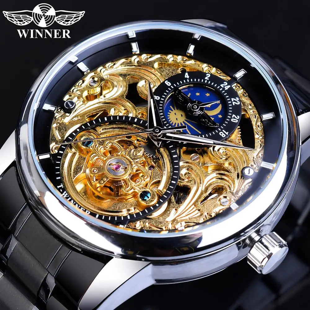 WINNER Bestselling Custom Waterproof Carved Hollow Moon Image Skeleton Automatic Wrist Mechanical Mens Watch