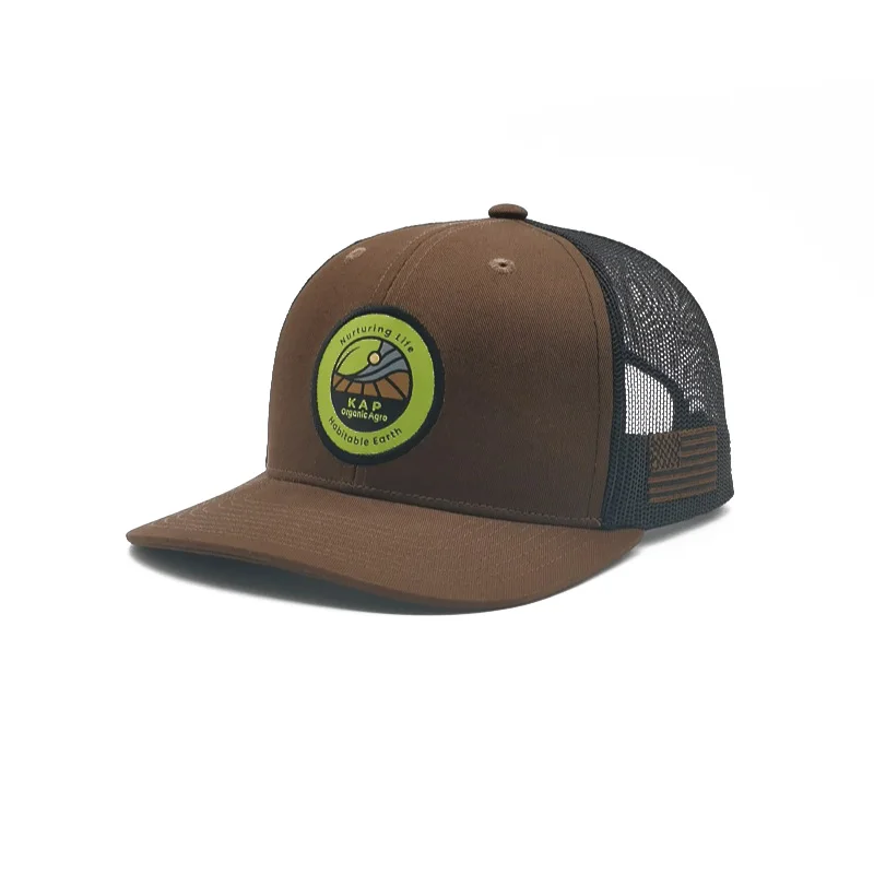 Promotional Wholesale Unisex Custom Embroidery Logo Organic Cotton Brown Two Tone Mesh Trucker Hats With USA Flag Patch