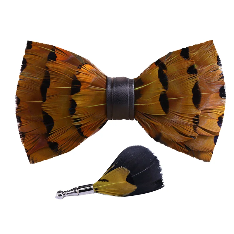 Hot Selling Custom Mens Feather Bowtie Brooch Set Fancy Decorative Handmade Elegant For Event Party