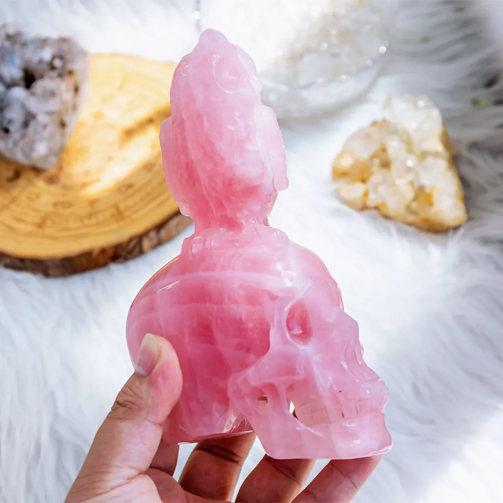 Wholesale Natural Polished Hand Carved Rose Quartz With Owl Crystal Skulls Folk Crafts Healing Stone For Home Decoration
