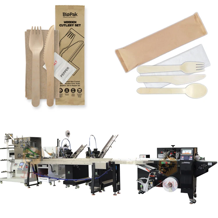 High speed wooden takeaway tableware set packing machine for knife fork spoon with napkin packing machine