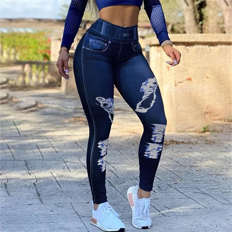 Factory Hot Sale Jeans Print Women High Waist Yoga Pants Running Sport Workout Leggings