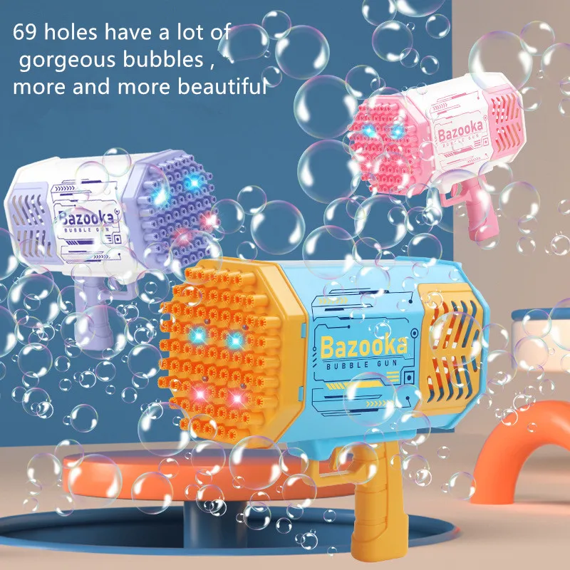 Soap Machine Blower Kids Toy Electric Gatling Bubble Gun 69 Holes Light Rocket Bazooka
