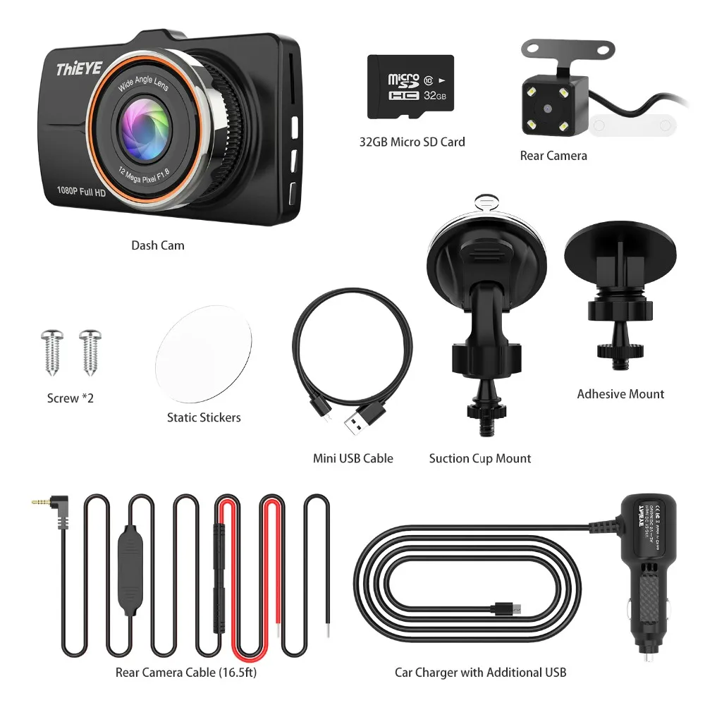 Car DVR with Motion Detection, Car Camera Real 1080P Full HD Front Camera Dual Lens Car Recorder Dash Cam