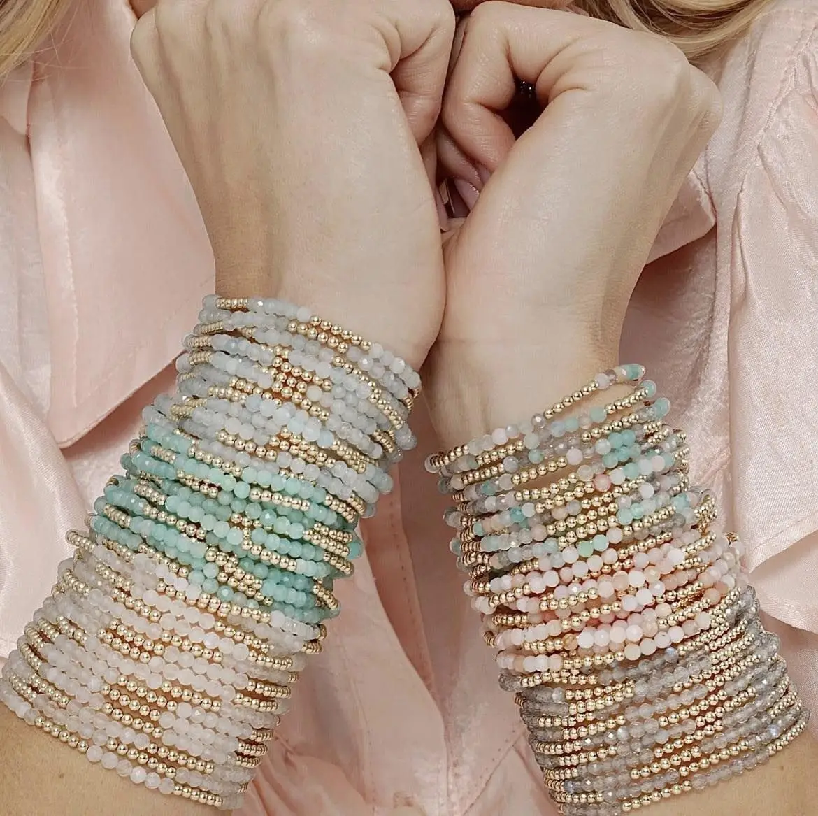 Waterproof 14k Plated Gold and Natural Stone Beaded Boho Elastic Stretch Bracelets Set Thin Minimalist for Women Jewlery