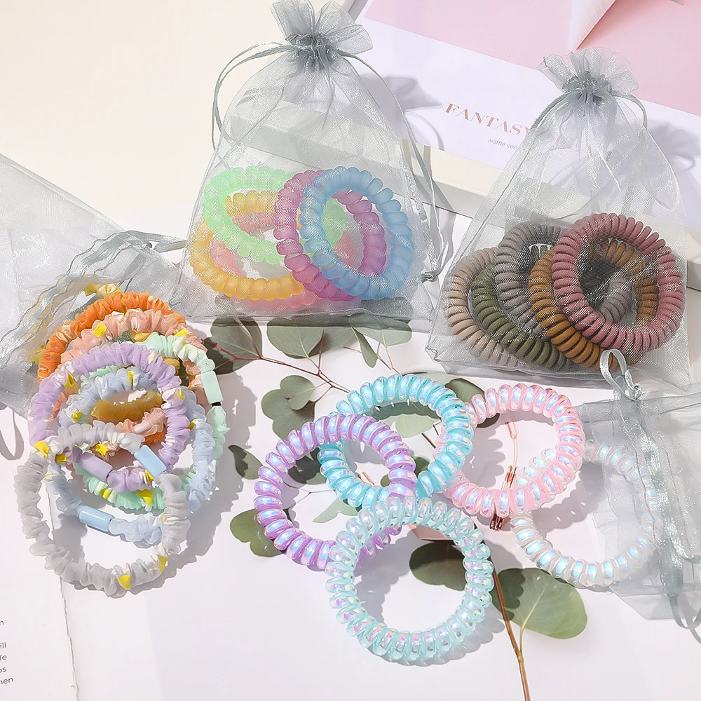 5Pcs Candy Color Elastic Telephone Scrunchies Coiled Hair Ties Wire Telephone Line Hair Tie Set
