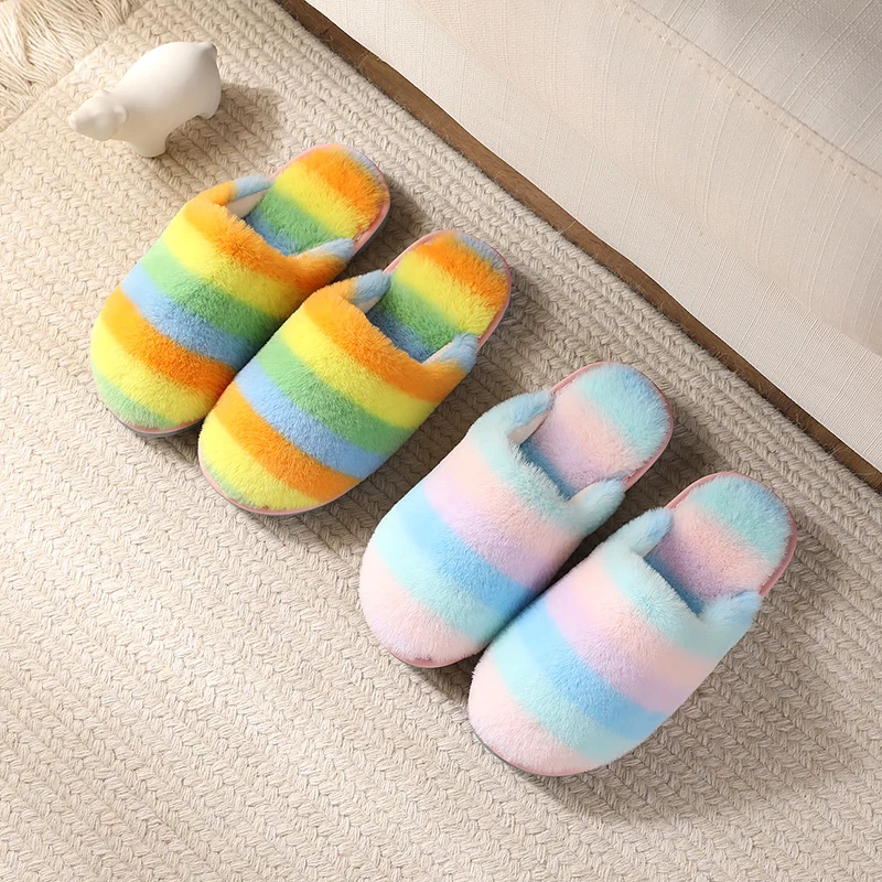 Fashion new cute mixed colorful children rabbit fur plash child home bedroom children slippers