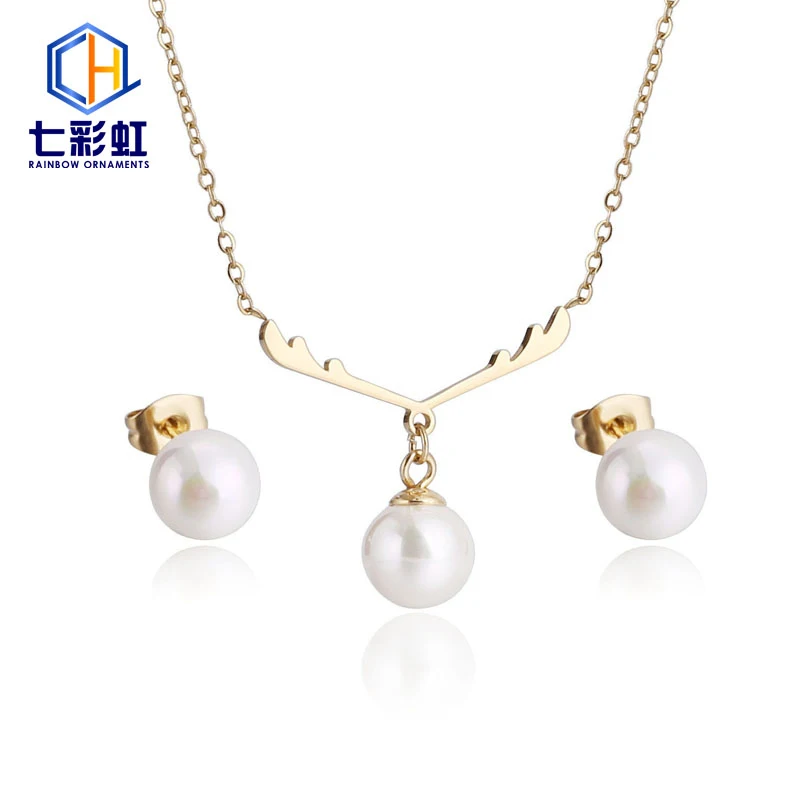 Pearl Gold Plated Stainless Steel Wedding Necklace And Earrings Jewelry Set For Women
