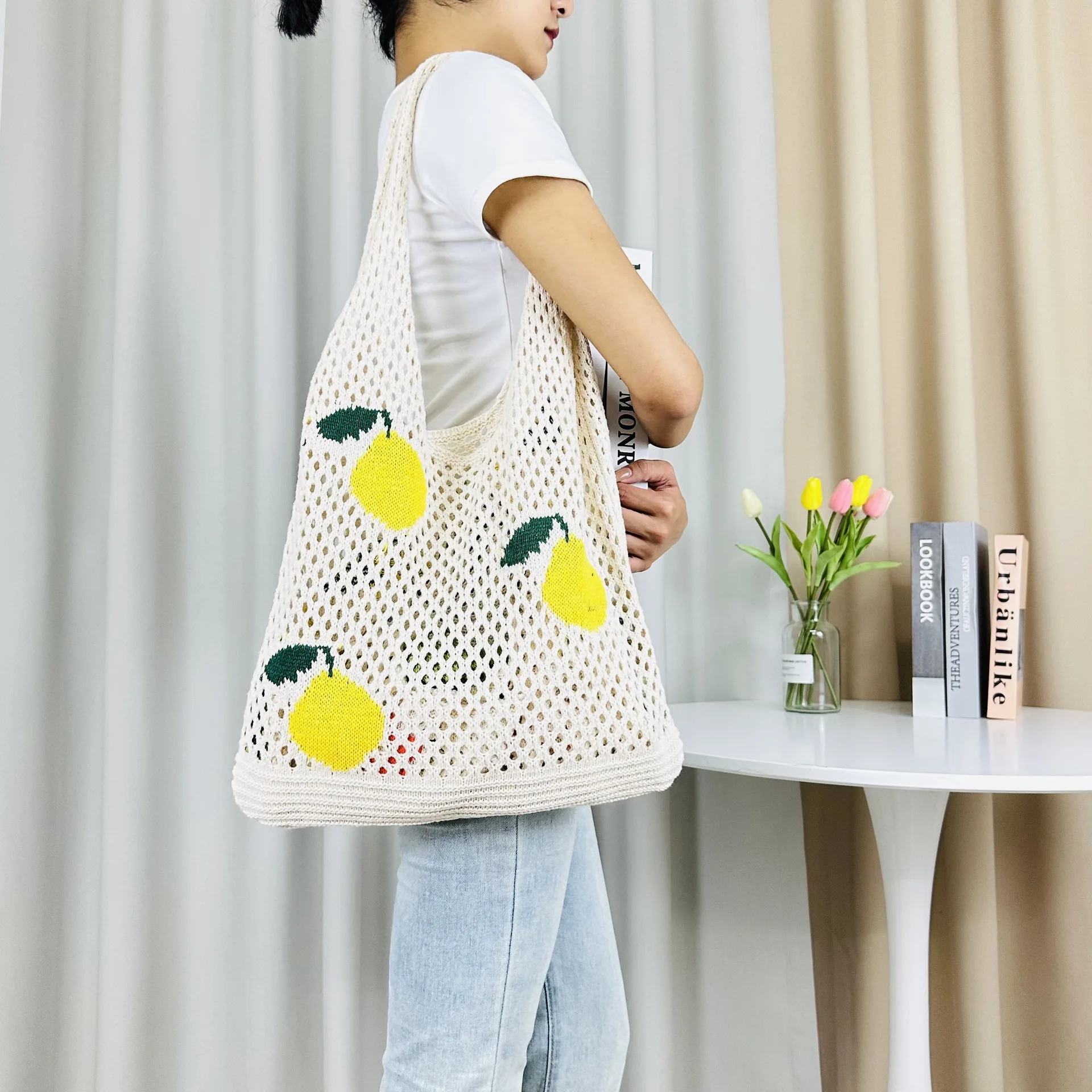 Женская сетчатая пляжная сумка-тоут с рисунком лимона