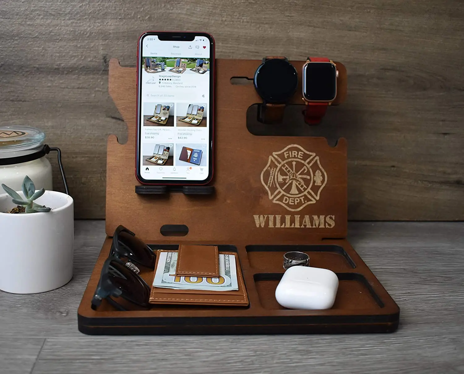 Wooden Docking Station Personalized Desk Organizer Nightstand Docking Station Unique Holiday Gift for Men