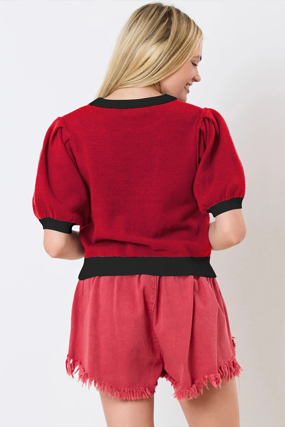 Dear-Lover Winter Woman Red Sequin Rugby Color Block Puff Short Sleeve Sweater