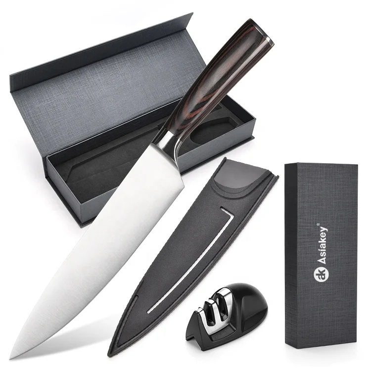 Asiakey Hot Sale 4 in one Kitchen Chef Knife Set with Sharpener & Cover in Magnetic box