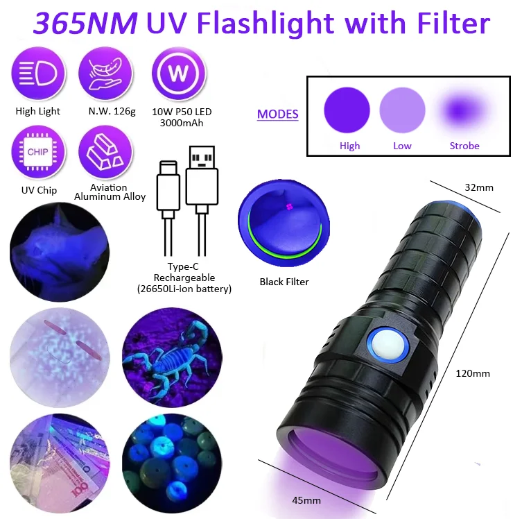 NEW 15W high power small size Rechargeable LED 365nm UV Flashlight with Black Filter waterproof uv-flashlight Resin Curing