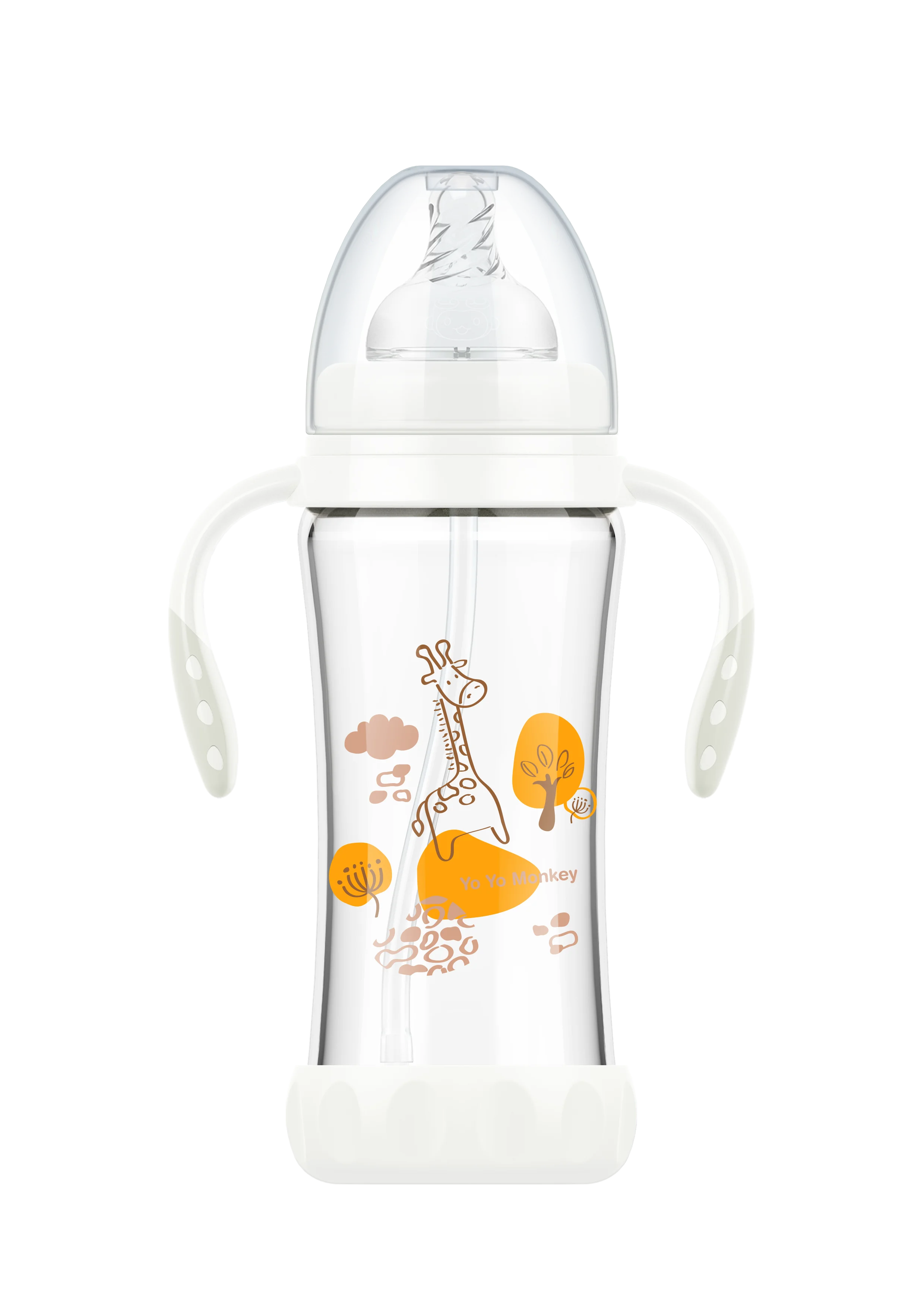 China Manufacturer BPA free wide mouth baby borosilicate glass milk bottle with silicone boots and detachable handle 280ML