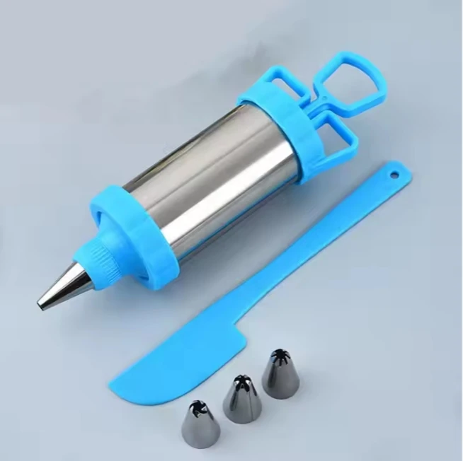 Stainless Steel Cake Press Gun Kit With 3 Icing Tips and a Spatula Pastry for Baking Decorating