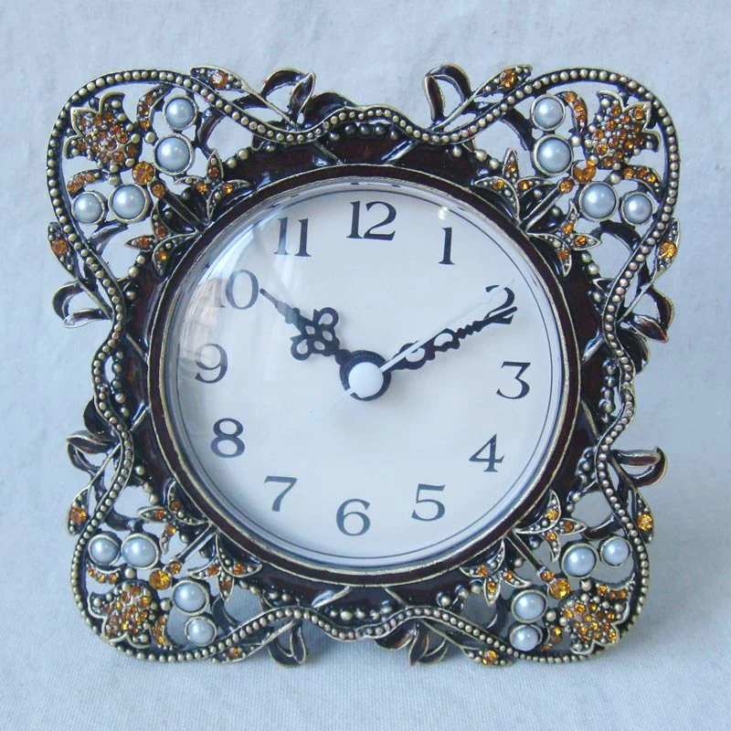 Antique Brass White Beaded Square Metal Zinc Alloy Framed Desk Clock