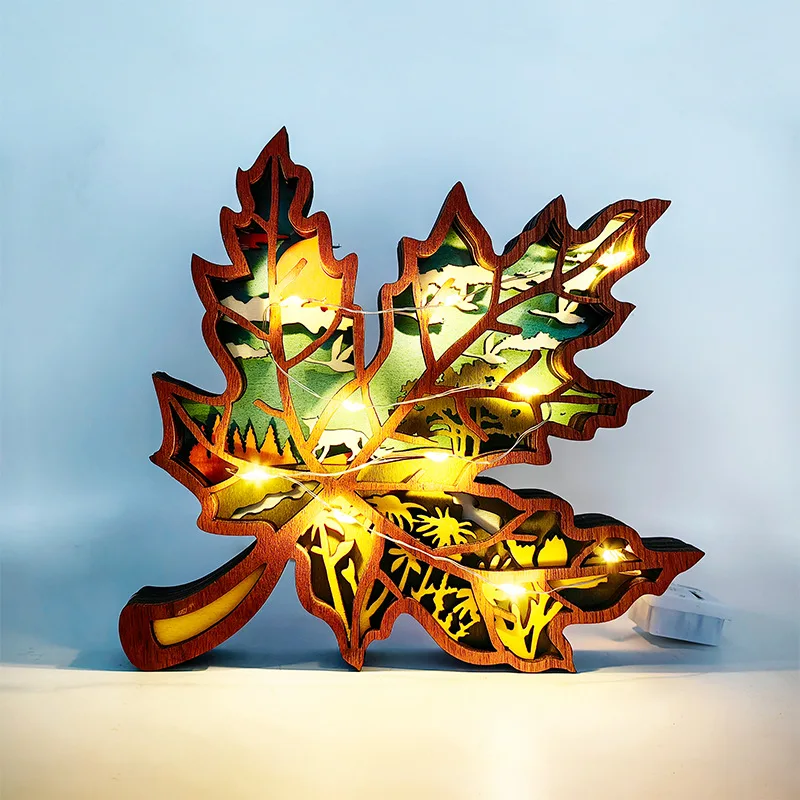 Carved Wooden Maple Leaf Ornaments Lighting Thanksgiving Home Tabletop Decoration For Wood