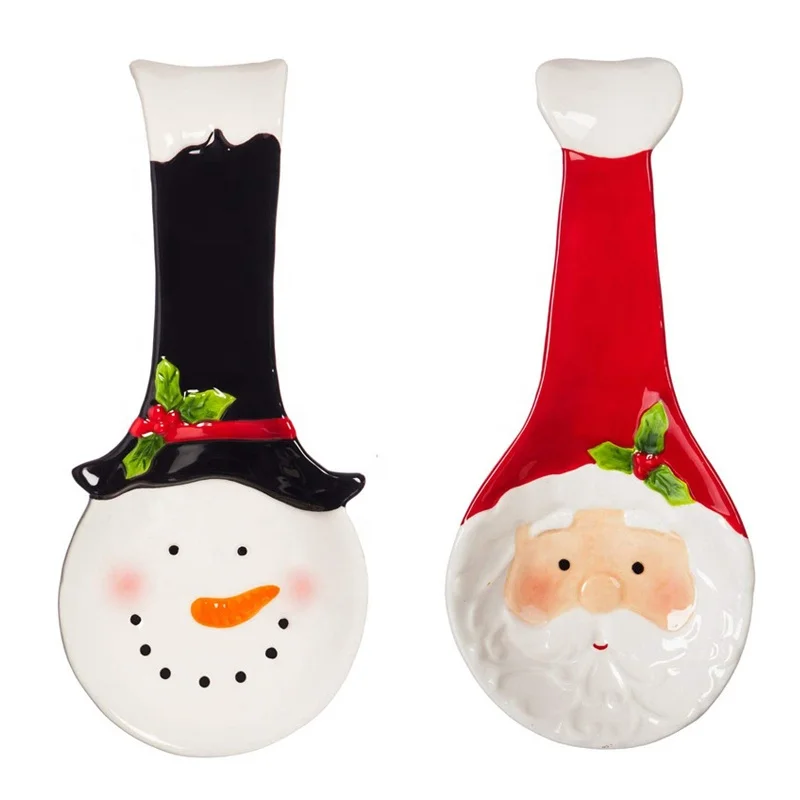 Christmas Holiday Santa&Snowman Handpainted Ceramic Spoon Holder Kitchen Ladles Rest Gifts Set Custom OEM Logo