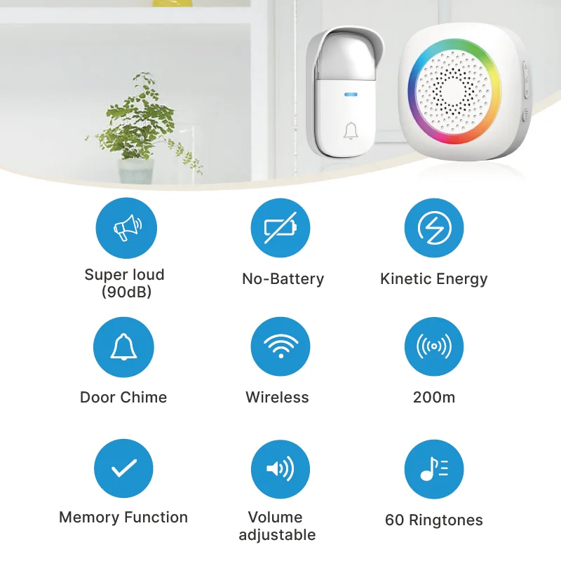 Wireless Doorbell No Battery required Waterproof Self-Powered Door bell Sets Home Outdoor Kinetic Ring Chime Doorbell