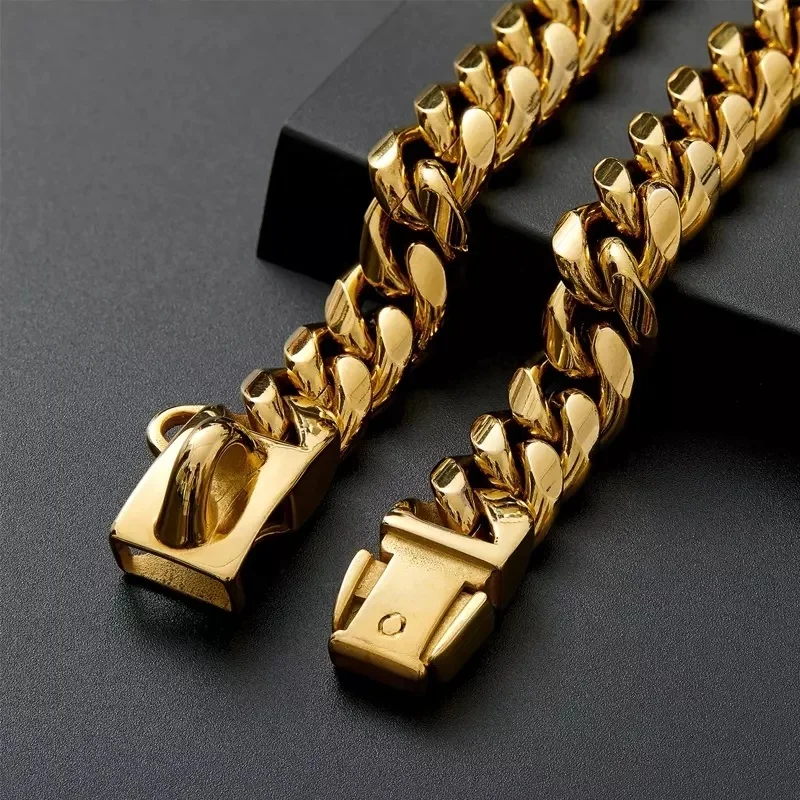 Silver Gold 14MM Wide medium and large dog Necklace personalized stainless steel cuban chain link dog collar