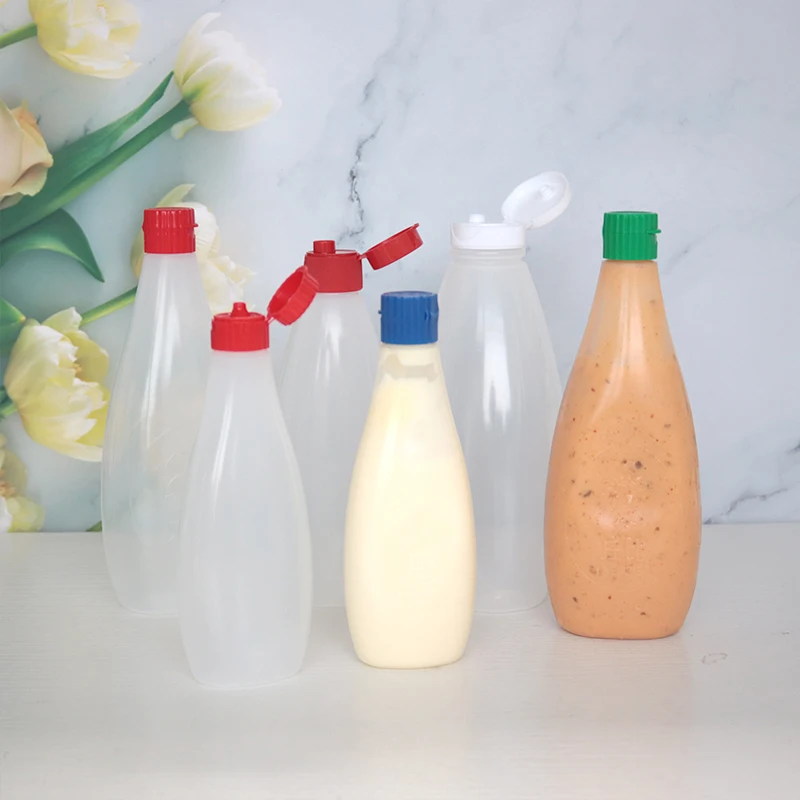 MAYSURE Custom label 200ml 350ml PET Plastic Salad Dressing Flat Square Pet Plastic Maple Syrup Sauce Honey Bottles