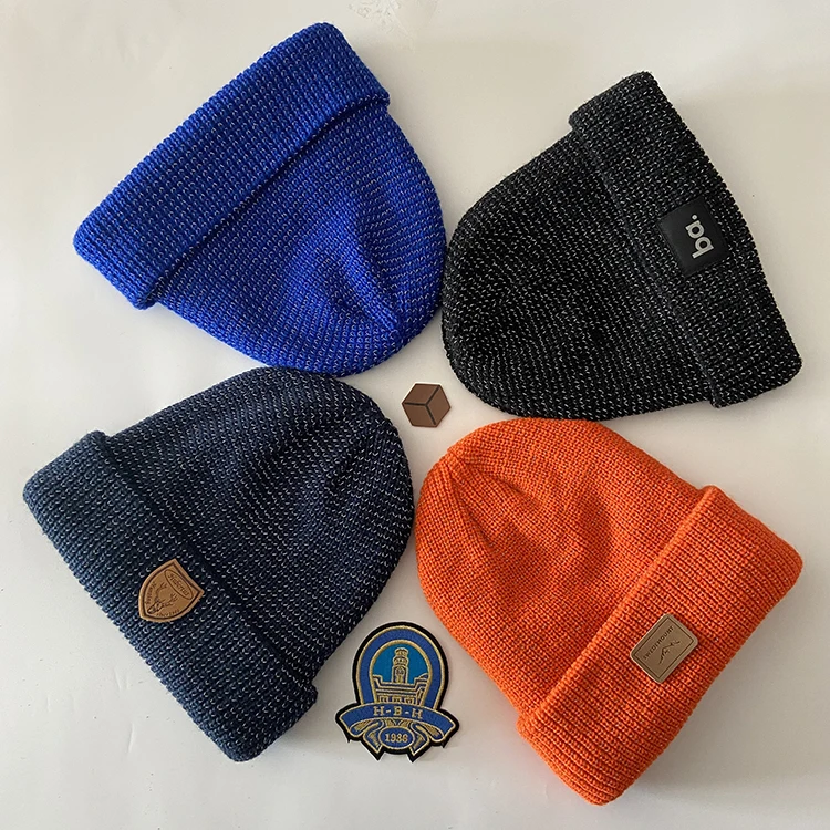 Reflective Material  Polar Fleece Inside Customized OEM Brand Hat bulk Beanie acrylic Custom Hat
