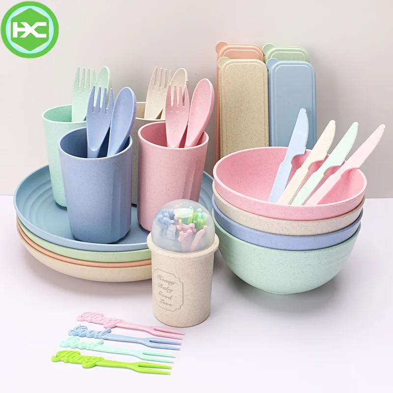 Wholesale Wheat Straw Kids Dinner Set Tableware Degradable Plates Cup Tableware Set Wheat Straw Cutlery Dinnerware Set