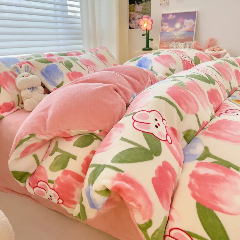 Modern Milk Velvet Three-Piece Set Including Four-Piece Winter Warm Thickened Coral Velvet Quilt Cover Double-Sided Flannel