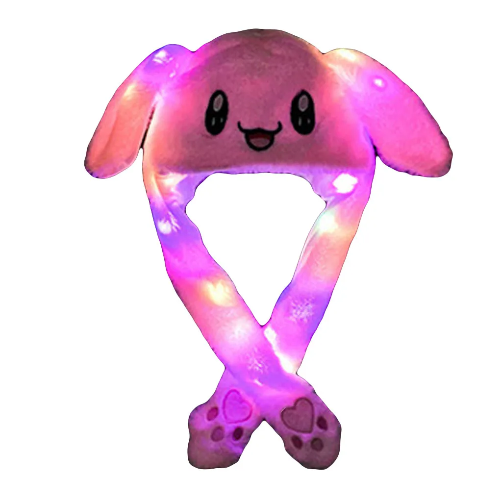Adult Kids Light Up Plush Animal Hat with Moving Long Ears Cartoon Rabbit Bunny Panda LED Glowing EarflapCap Stuffed