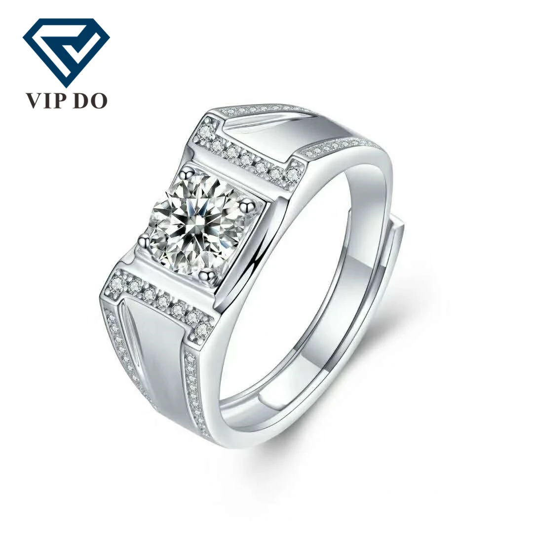 Factory wholesale S925 sterling silver setting round brilliant cut Moissanite diamond men ring size adjustable 4claw style