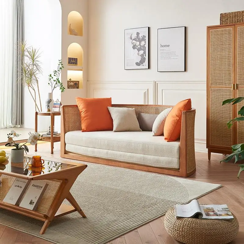 190cm Wabi-sabi style double sofa bed folding arc bed solid wood rattan sofa bed