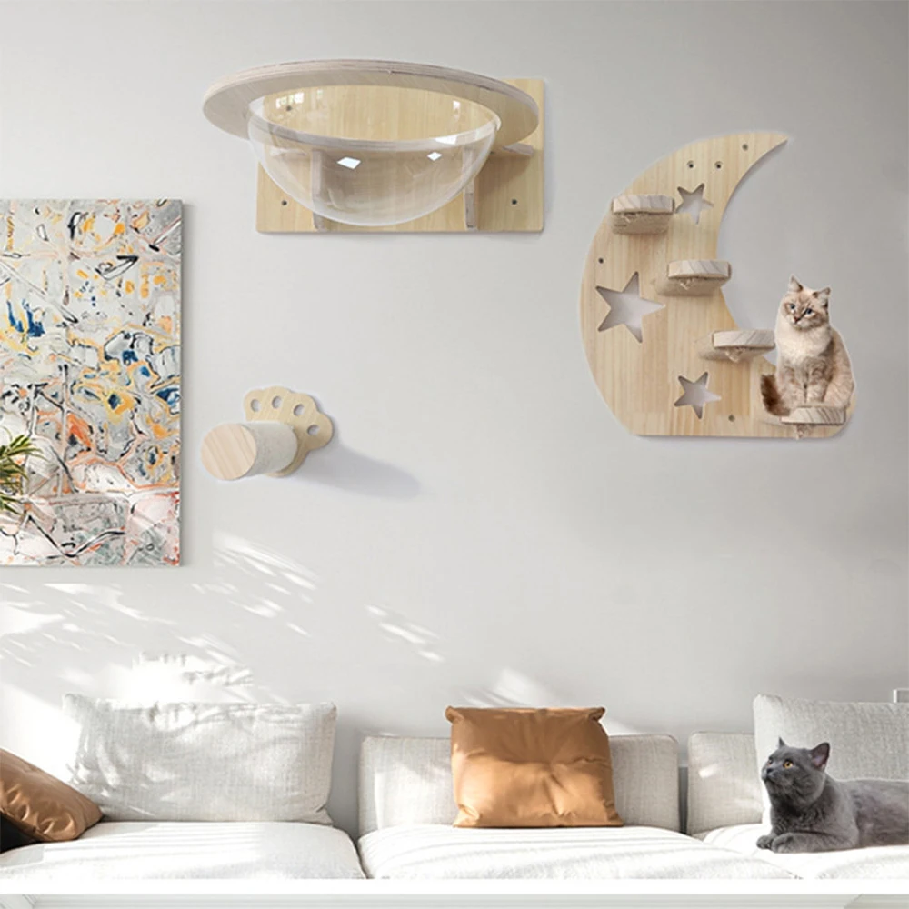 Hot Sales Cat Shelf Climbing Tall Activity Tower Solid Wood Indoor Cat Wall Furniture Wood Tree Cat Wall Shelves Hammock Wall