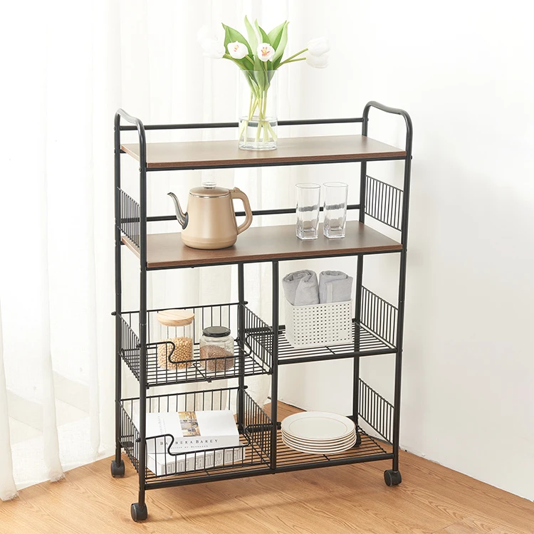 Kitchen Shelf Rack Organizer Microwave Oven Stand Iron and MDF kitchenware Storage Trolley