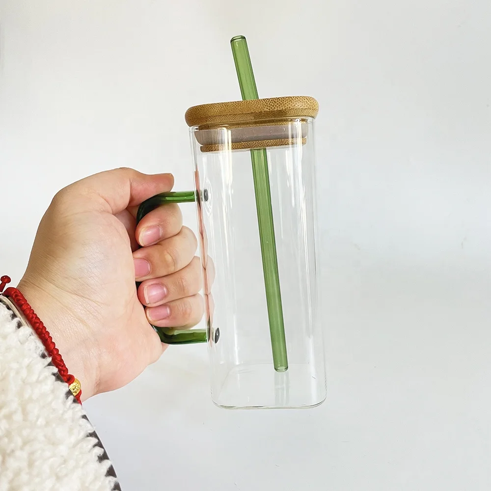 wholesale bulk Recyclable transparent square glass mugs with bamboo lid Unbreakable Drinking Glass Straw Cup