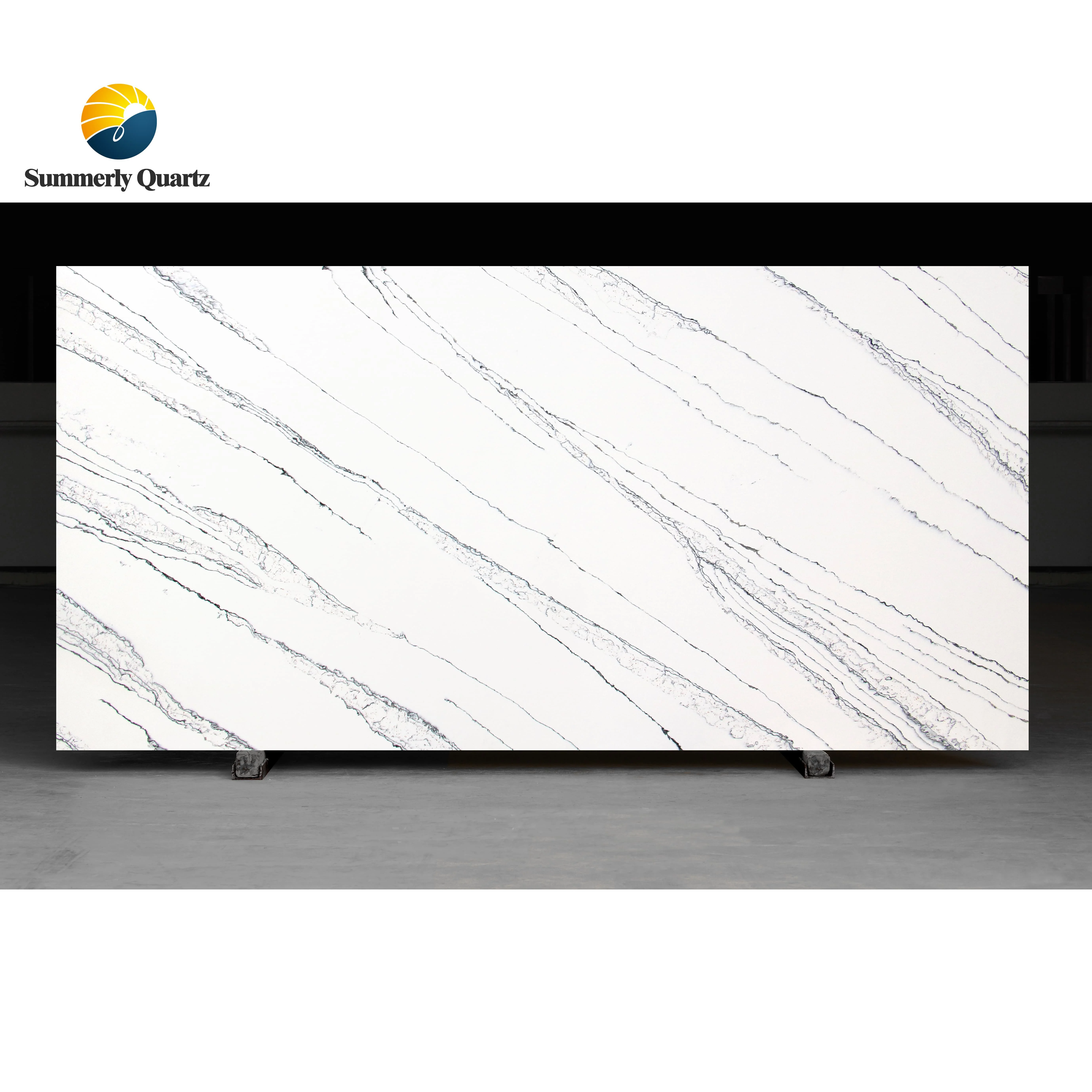 Hot Selling Calacatta  Artificial Quartz Stone Ocean White Black Line Stone Quartz Slab for Kitchen Vanity Tops