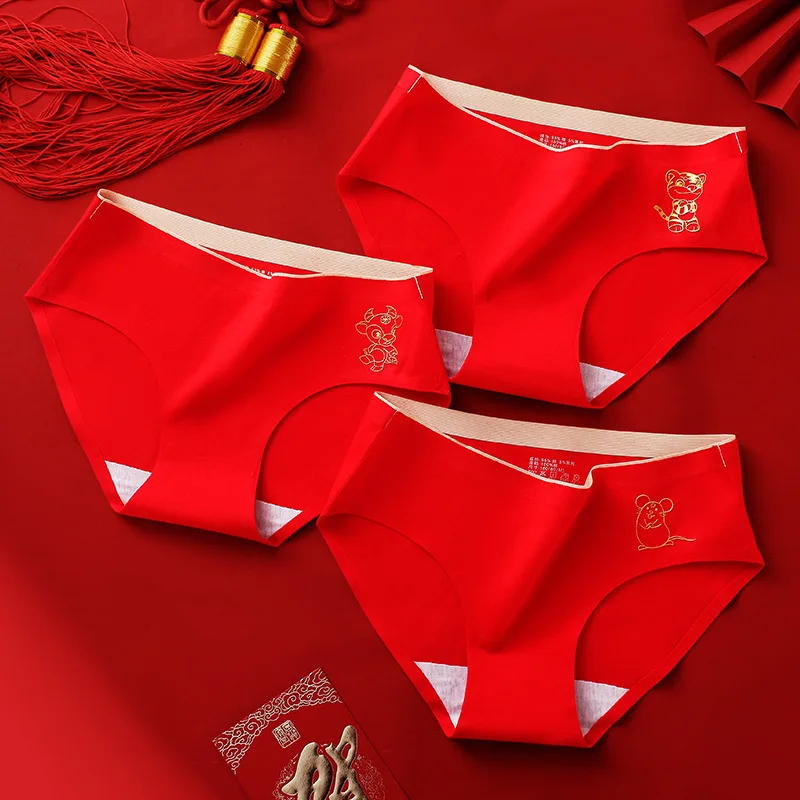 2020 latest ladies red knickers Chinese zodiac design printing underwear fancy panties cotton woman