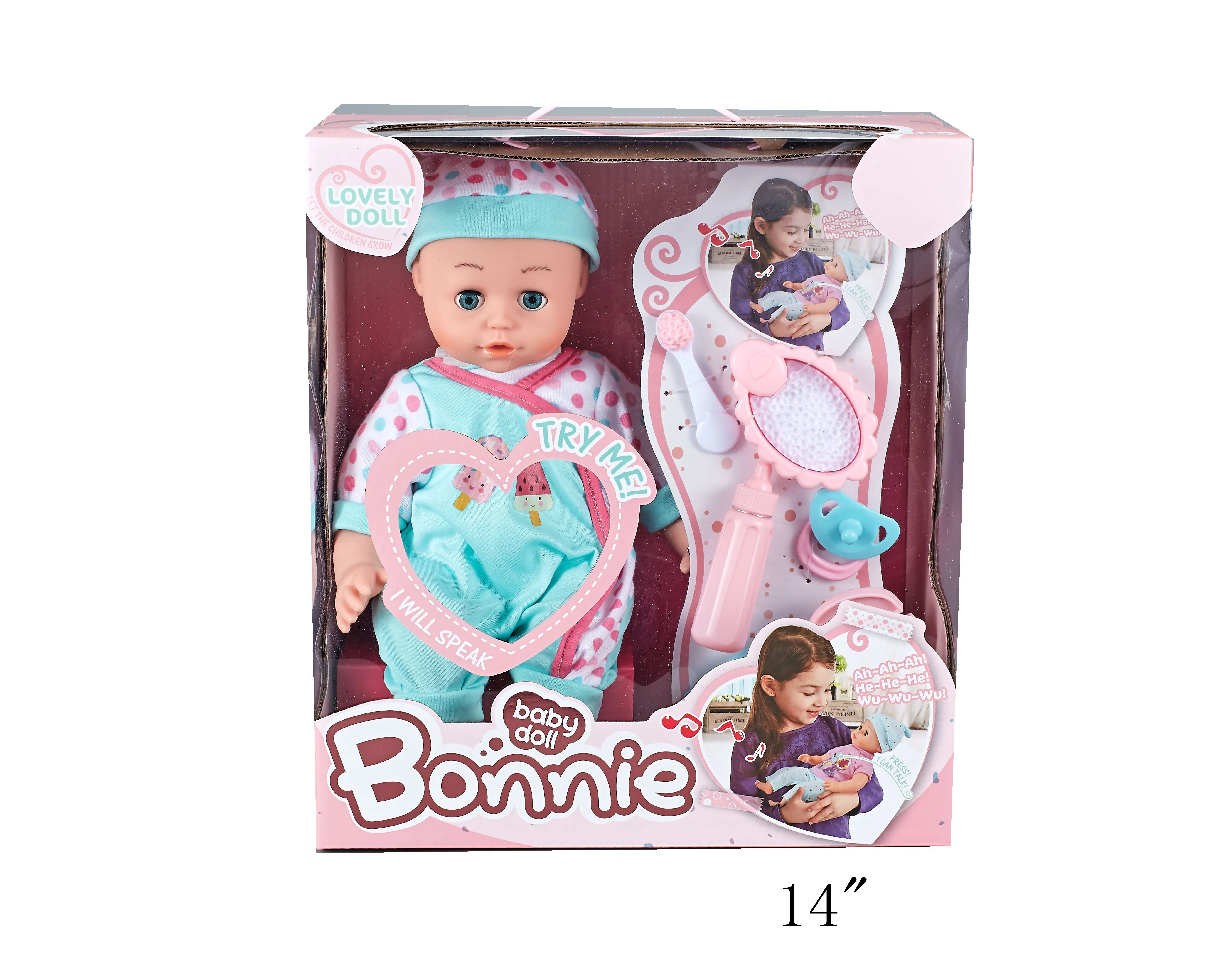 Wholesale cute baby boy doll cotton body with 12 sounds IC and feeding bottle toy set for kids