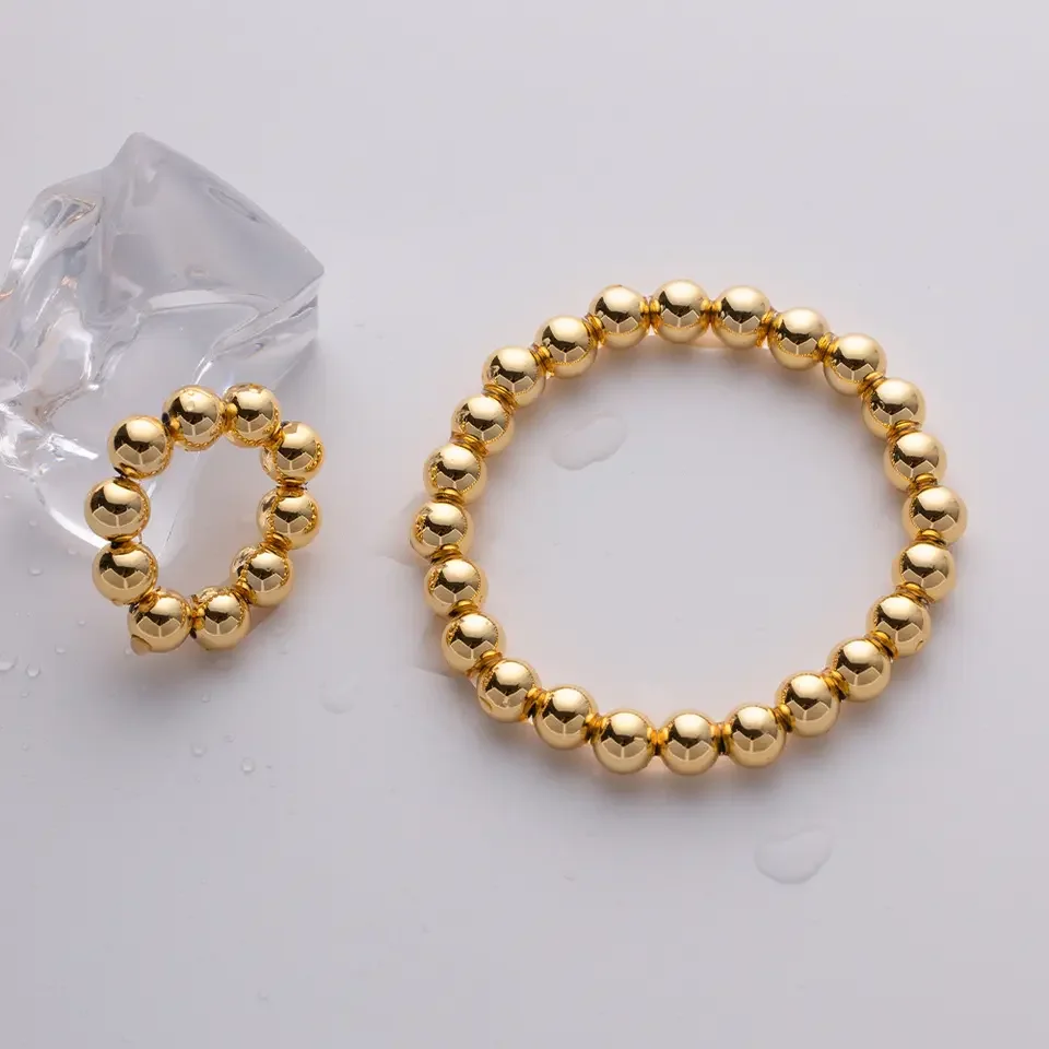 Hot Sale Wholesale Women Jewelry Sets 18K Gold Plated Ball Beaded Chain Necklace With Bracelet