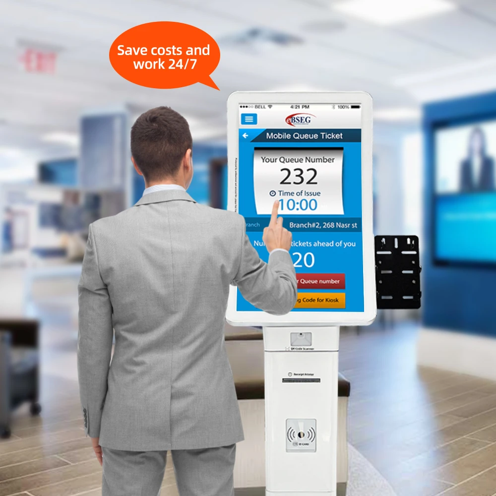 queue system 23.6' slim colomn curved screen kiosk with qr scanner pos holder payment terminal queue kiosk for bank