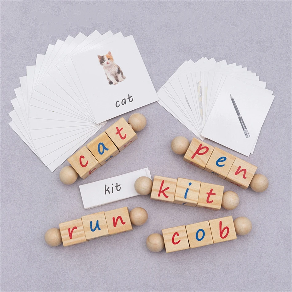 Wooden Reading Blocks Educational Spinning Alphabet Manipulative Blocks for Children Toy for Pre-Kindergarten Boys & Girls Gift