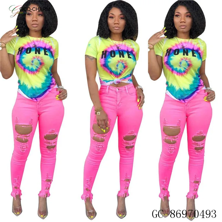 YH-86970493Wholesale casual two piece boutique women clothing neon pants and tie dye t shirts set