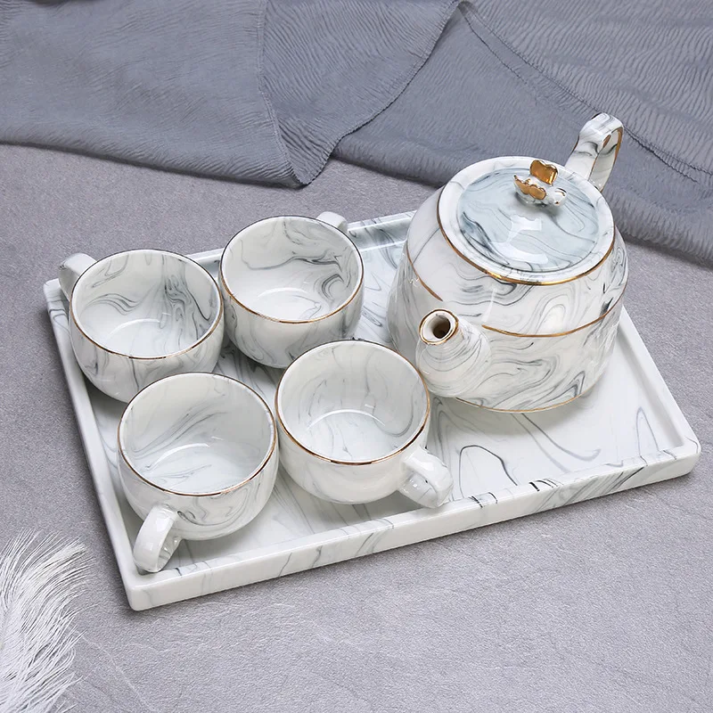 Wholesale Household ceramic porcelain creative simple marble six-piece Tea coffee quartz mug cup set with teapot