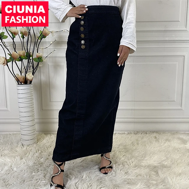 3049# Muslim women front buttons high waist denim maxi skirt with pockets jean pencil dress islamic clothing
