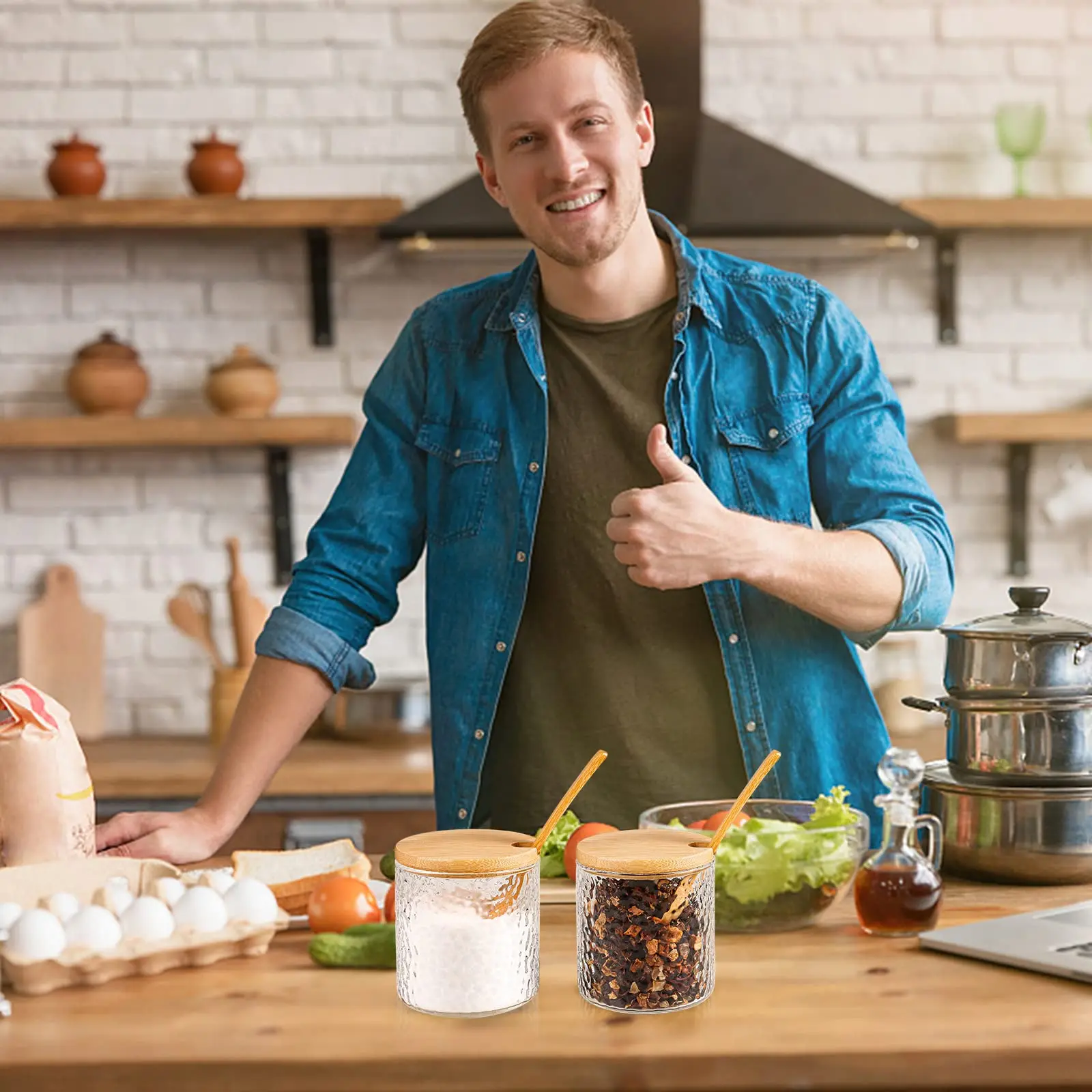 Wooden Salt Cage with Swivel Lid Salt Bowl Spice Cellar for Kitchen Keep Fresh Bamboo Seasoning Box with Spoon