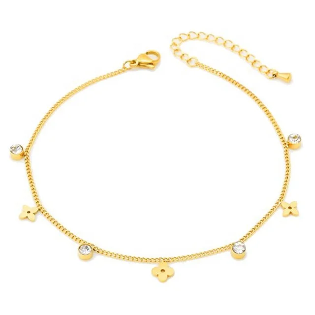Yiwu Aceon Stainless Steel Personalized Stone Bezel Charm Tassel Pattern Fashion Brand Clover Charm Anklet